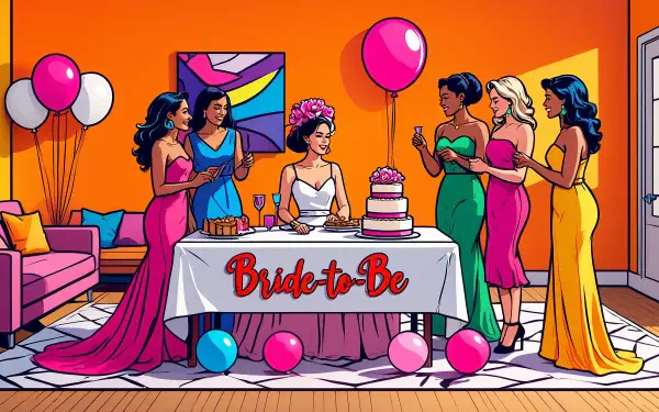 5K Ultra HD PC Desktop Wallpaper and Background of a vibrant bridal shower: bride at a Bride-to-Be cake table surrounded by bridesmaids, balloons and bright party decor.