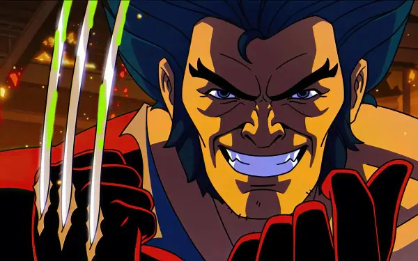 X-Men '97 4K Ultra HD PC desktop wallpaper: close-up of Wolverine grinning with claws extended, dramatic warm lighting and festive background.