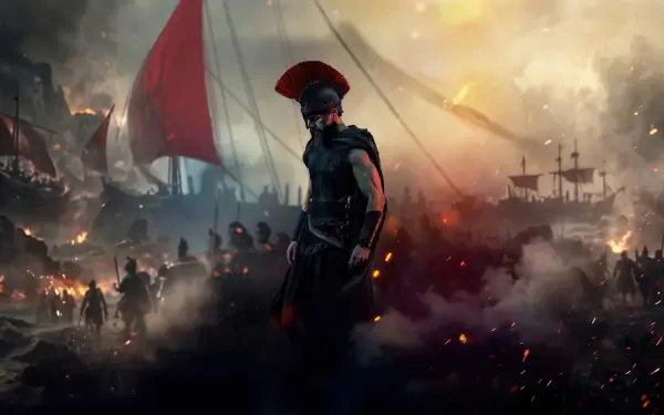 Heroic warrior stands before a burning battlefield and warships under a red sail; moody sunset smoke and embers — The Odyssey (2026) 4K Ultra HD PC Desktop Wallpaper and Background.