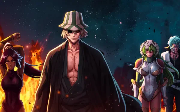 Bleach: Thousand-Year Blood War 5K Ultra HD PC wallpaper showing Kisuke Urahara center, flanked by Yoruichi Shihôin, Grimmjow Jaegerjaquez and Nelliel Tu Odelschwanck against a fiery night sky.