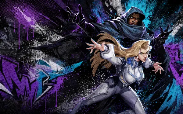 Marvel Rivals video game 4K Ultra HD PC desktop wallpaper: cloaked dark figure and armored blonde heroine launch forward amid graffiti-style purple and teal energy bursts.