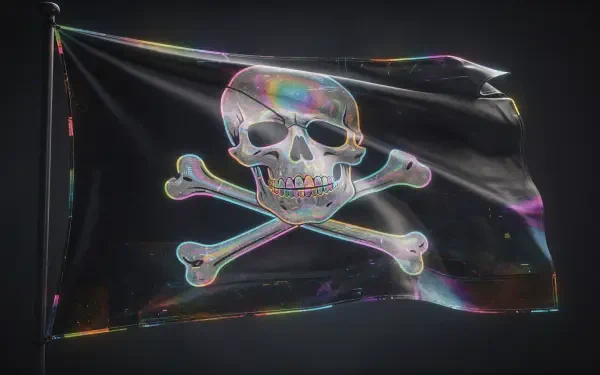 Holographic skull-and-crossbones pirate flag waving against a dark backdrop — 4K Ultra HD PC desktop wallpaper/background.