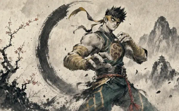 Ink-painted warrior before a crescent brushstroke moon and jagged peaks — Marvel Rivals 4K Ultra HD PC desktop wallpaper and background.
