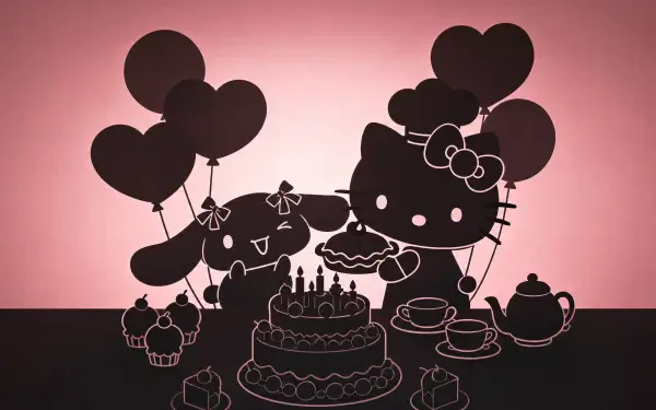 Lovelymocha 4K Ultra HD PC Desktop Wallpaper and Background — pink silhouette of Hello Kitty and a companion with heart balloons, birthday cake, cupcakes and a tea set.