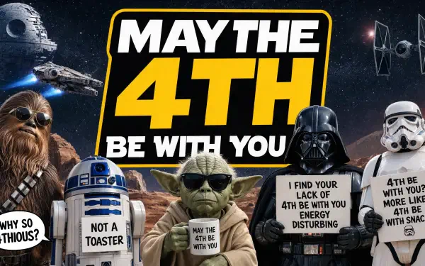 May the 4th 5K Ultra HD PC desktop wallpaper/background: Star Wars scene featuring Yoda, Darth Vader, Chewbacca, R2-D2, a stormtrooper, TIE fighters and the Death Star against a starfield.