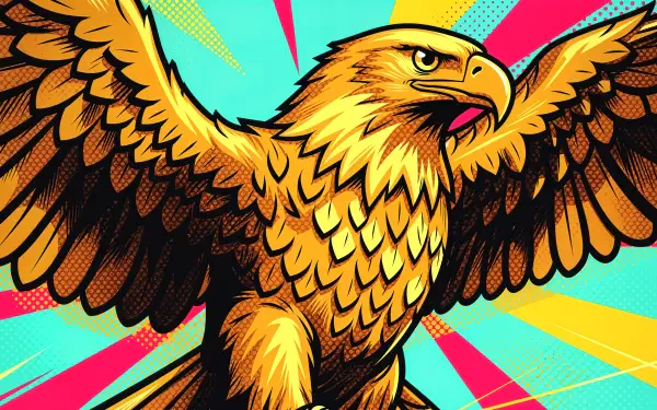 Bold pop-art golden eagle with outstretched wings over cyan, pink and yellow rays — 4K Ultra HD PC desktop wallpaper and background.