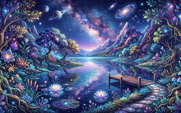 5K Ultra HD PC Desktop Wallpaper and Background: tranquil lake reflecting a starry galaxy and planets, surrounded by glowing fantasy flora, a wooden dock and luminous mountain peaks.