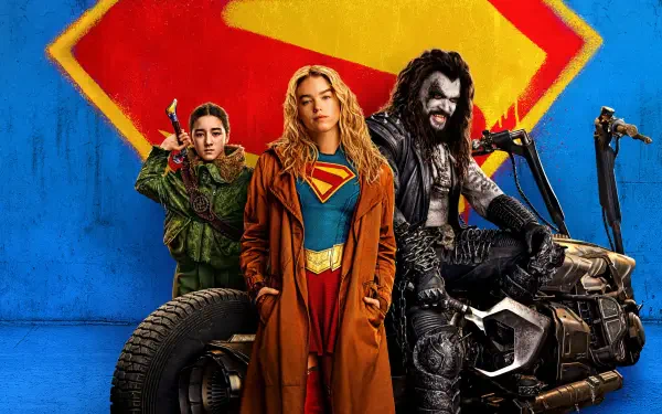 Supergirl (2026) 4K Ultra HD PC desktop wallpaper: Supergirl in blue-and-red costume with trench coat stands centered, flanked by allies and a motorcycle against a blue wall with S emblem.