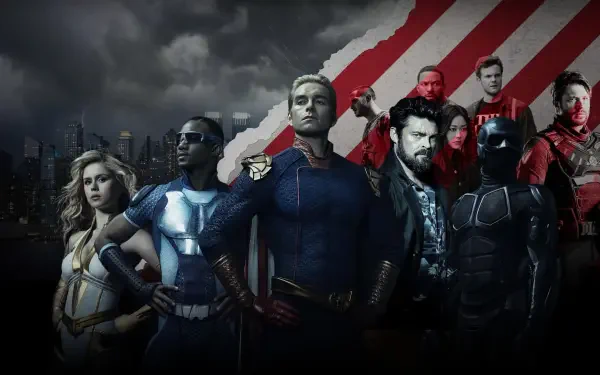 The Boys (2019) TV show 4K Ultra HD PC desktop wallpaper: main superhero ensemble—Homelander front and center, other supes flanking him against a stormy skyline and red-striped backdrop.