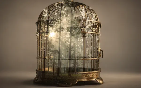 Ornate antique birdcage containing a misty miniature forest, sunlit trees visible through glass — 4K Ultra HD PC desktop wallpaper and background.