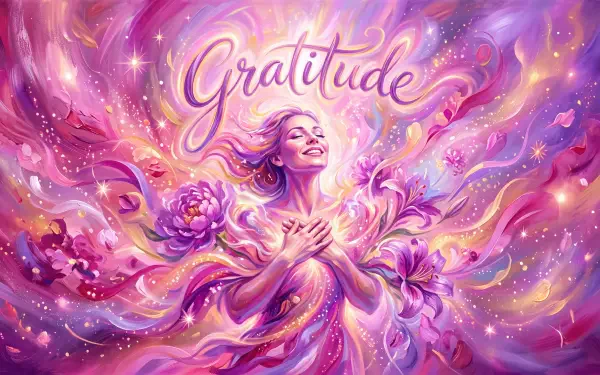 5K Ultra HD PC desktop wallpaper and background — radiant, joyful woman with hands on her heart amid swirling pink, purple and gold floral light; Gratitude scripted above.