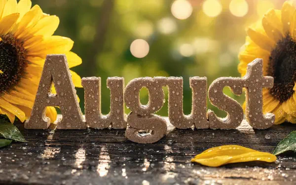 5K Ultra HD PC desktop wallpaper/background: wooden 'August' letters between sunflowers with water droplets and warm bokeh sunlight.