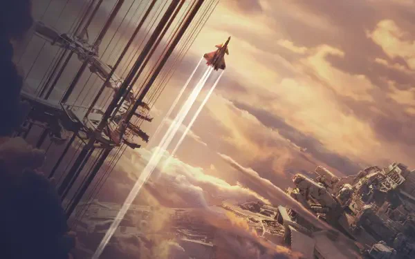 The Wandering Earth — 4K Ultra HD PC desktop wallpaper showing a rocket streaking past tilted skyscrapers and colossal structures beneath dramatic golden clouds.