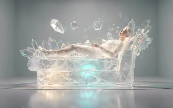 Therapy 4K Ultra HD PC desktop wallpaper: a person reclines on a translucent crystal chaise, gentle blue glow and floating shards in a calm, futuristic room.