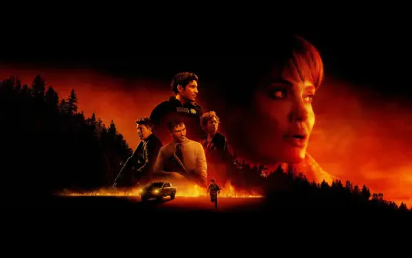Those Who Wish Me Dead — 4K Ultra HD PC desktop wallpaper and background: blazing orange wildfire sky over dark forest, layered faces and figures, lone rider and vehicle in foreground.