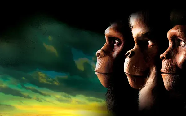Planet of the Apes (1968) 4K Ultra HD PC Desktop Wallpaper and Background — three ape profiles stare toward a dramatic, storm-tinted sunset sky.