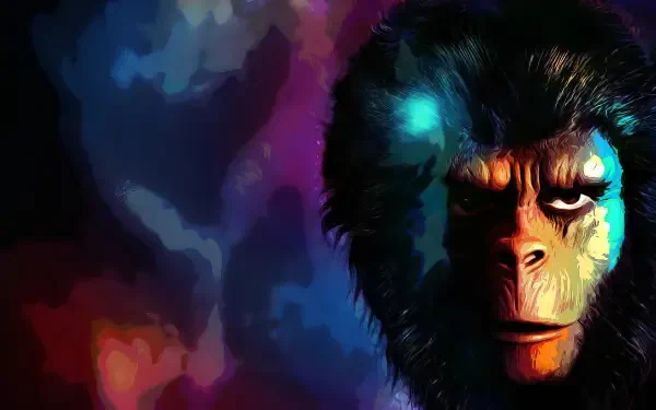 Planet of the Apes 4K Ultra HD PC desktop wallpaper: dramatic close-up of a stern ape face, lit by blue and red nebula-like colors.