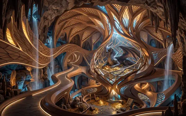 5K Ultra HD PC desktop wallpaper of an ornate dragon lair: vaulted cavern with winding wooden architecture, glowing blue crystals and glittering piles of golden treasure.