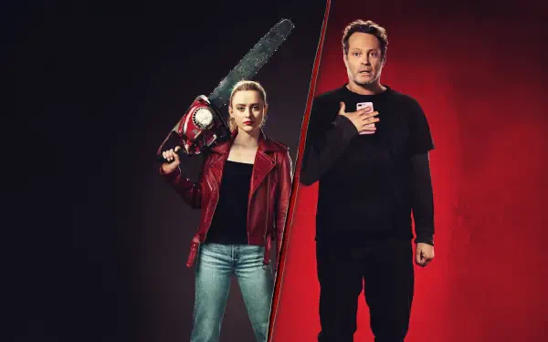 Freaky (movie) 4K Ultra HD PC desktop wallpaper: two characters split by a diagonal line—one in a red jacket wielding a chainsaw, the other with a hand to chest, on a dark red backdrop.
