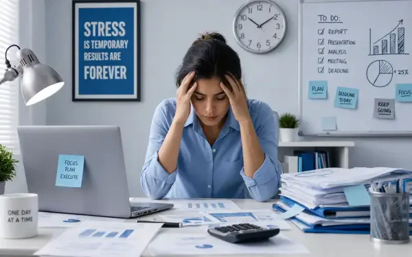Workplace stress - 5K Ultra HD PC desktop wallpaper and background: a stressed office worker holding her head at a cluttered desk surrounded by papers, charts, clock and a motivational poster.