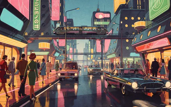 Vibrant neon-lit street scene at dusk, retro cars and crowds beneath an elevated train; 4K Ultra HD PC desktop wallpaper and background.