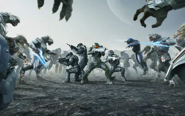 Halo (TV Show) 4K Ultra HD PC desktop wallpaper: armored Spartans back-to-back on a smoky battlefield, surrounded by alien combatants beneath a pale moon.