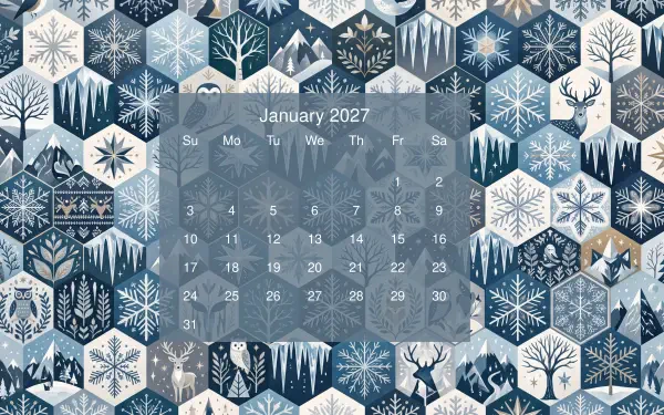 5K Ultra HD PC desktop wallpaper: January 2027 calendar over a blue hexagonal mosaic of snowflakes, winter trees and deer.