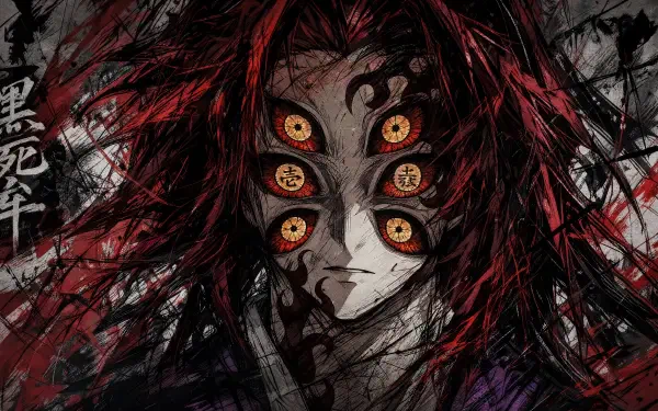Kokushibo (Demon Slayer) demon with six golden eyes, wild crimson hair and dark inked markings — intense 4K Ultra HD PC desktop wallpaper background.