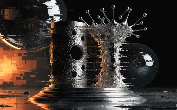 Abstract industrial-design metal sculpture with glitch distortions and reflective spheres, high-detail 4K Ultra HD PC desktop wallpaper and background.