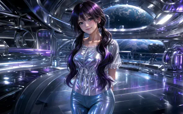 The Fragrant Flower Blooms With Dignity — Kaoruko Waguri, anime woman in a shimmering silver suit, posed in a glossy futuristic chrome chamber; 4K Ultra HD PC desktop wallpaper.