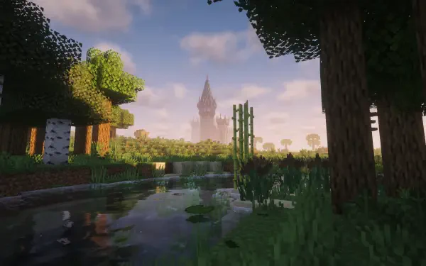 Minecraft landscape with shader lighting: serene river and reeds in foreground, sunlit birch and oak trees framing a distant stone castle — HD PC desktop wallpaper background.