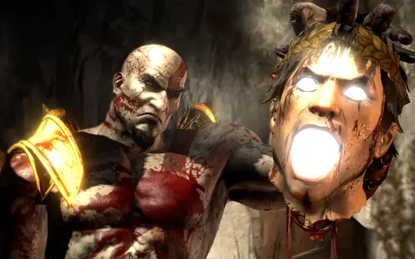 God of War III HD PC desktop wallpaper/background: Kratos, bloodied and armored, holding a glowing severed head against a dark, cavernous backdrop.