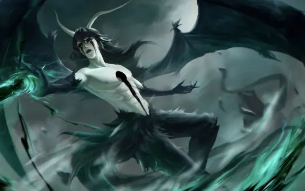 Bleach 8K Ultra HD PC desktop wallpaper: menacing Hollow-form warrior beneath a full moon, torn black cloak, horned mask and teal energy swirling around shadowy wings.