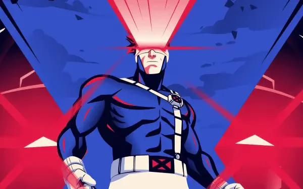 X-Men '97 Cyclops fires a red optic beam from his visor against a bold blue-and-red backdrop — 4K Ultra HD PC desktop wallpaper and background.
