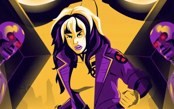 Rogue from X-Men '97 in a bold purple-and-gold illustration — 4K Ultra HD PC desktop wallpaper/background.