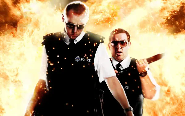 Hot Fuzz 4K Ultra HD PC wallpaper: two uniformed police officers in vests stride forward as a fiery explosion erupts behind them.