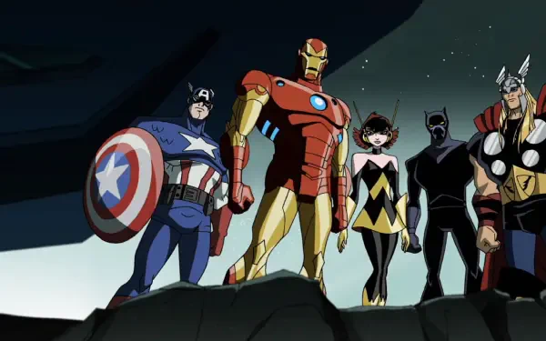 HD PC desktop wallpaper and background of The Avengers: Earth's Mightiest Heroes — animated Iron Man, Captain America, Wasp, Black Panther and Thor standing ready.