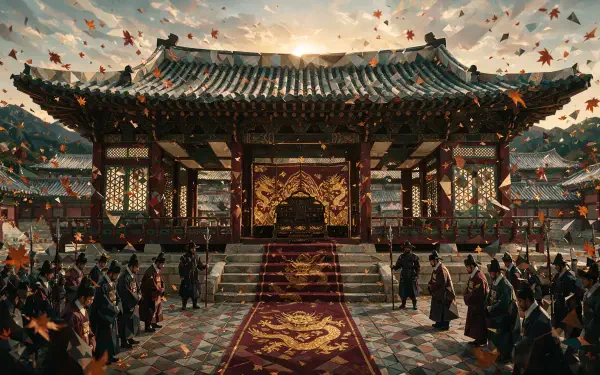 4K Ultra HD PC Desktop Wallpaper and Background: panoramic imperial throne hall at sunset, ornate roof and golden throne, red carpet, attendants and falling autumn leaves creating dramatic atmosphere.