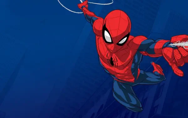 Marvel's Spider-Man swinging toward the viewer over a deep blue backdrop — HD PC desktop wallpaper and background.