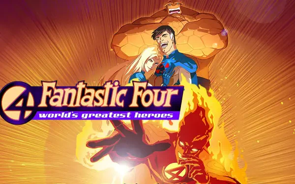 Fantastic Four: World's Greatest Heroes 4K Ultra HD PC wallpaper — Thing, Mr. Fantastic, Invisible Woman and Human Torch on a radiant orange background with the series logo.
