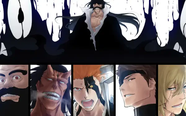 Bleach: Thousand-Year Blood War 4K Ultra HD PC wallpaper — dramatic montage with a towering dark figure above and six close-up character portraits below, all with intense expressions and shadowed tones.