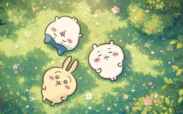 Chiikawa trio resting on a sun-dappled grassy meadow with flowers — 4K Ultra HD PC desktop wallpaper and background.