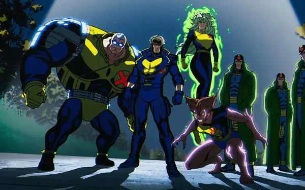 X-Men '97 animated team poses under a spotlight—heroes in blue and green suits, one crouching—4K Ultra HD PC desktop wallpaper/background.