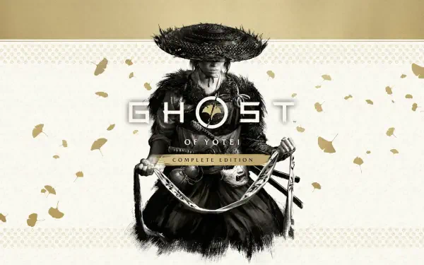 Video game HD PC desktop wallpaper of Ghost of Yōtei: lone samurai in a straw hat holding a curved sword, rendered in monochrome ink with gold leaf flecks and the game's title centered.