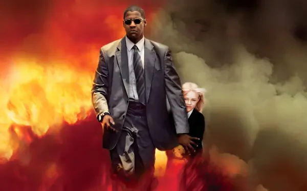 Man on Fire (2004) 2K Quad HD PC desktop wallpaper: suited man in sunglasses strides through flames, gun in hand, shielding a young blond girl amid smoke.