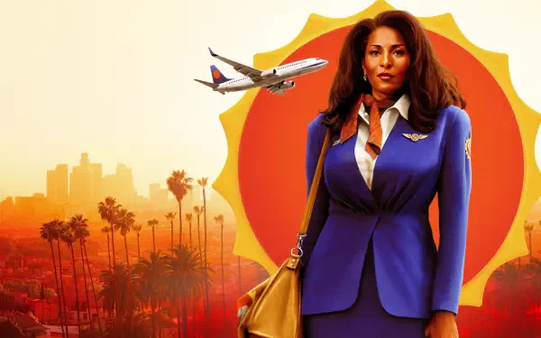 Jackie Brown 4K Ultra HD PC desktop wallpaper: woman in blue flight-attendant suit before a large orange sunburst, plane overhead and palm-lined city sunset.