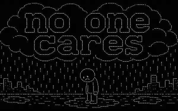 4K Ultra HD PC desktop wallpaper: lone figure stands in rain under a no one cares cloud above a silhouetted city, evoking deep, quiet sadness.