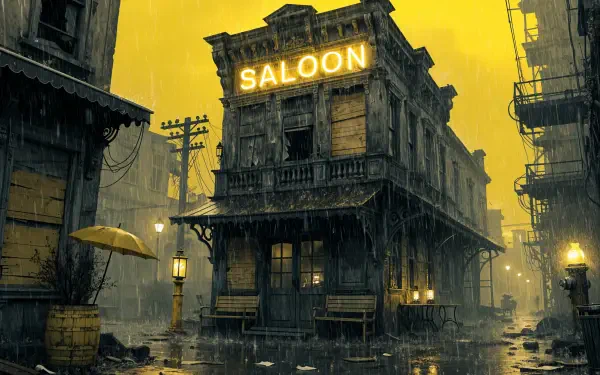 4K Ultra HD PC desktop wallpaper: rain-drenched western saloon — an old weathered wooden building with a glowing SALOON sign on a yellow, wet street.