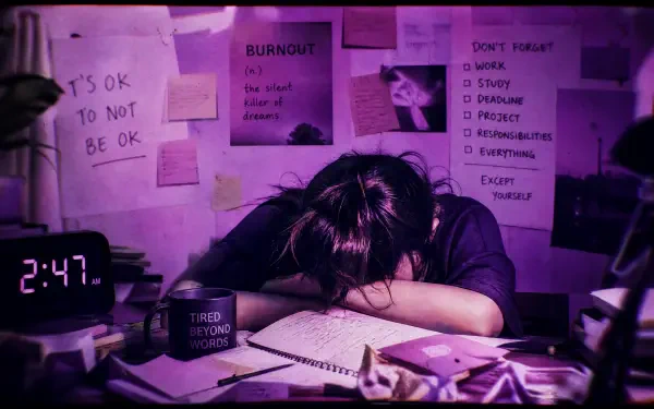 Burnt-out student slumped over a cluttered study desk at 2:47, surrounded by notes and a it's ok to not be ok sign — 4K Ultra HD PC desktop wallpaper conveying study burnout.