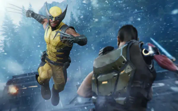 Marvel's Wolverine (X-Men) lunges through snow with claws out toward an armed opponent — dynamic 4K Ultra HD PC desktop wallpaper/background.
